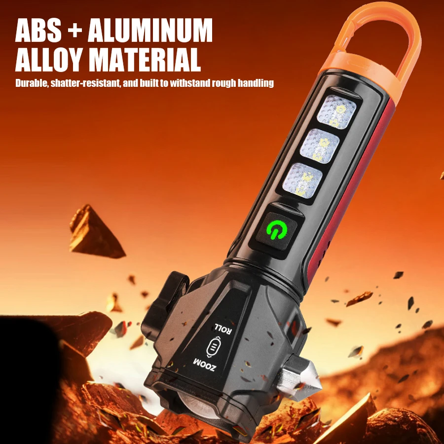 Linterna de emergencia recargable por USB, linterna port&aacute;til para el hogar, herramienta para coche con martillo de seguridad magn&eacute;tico