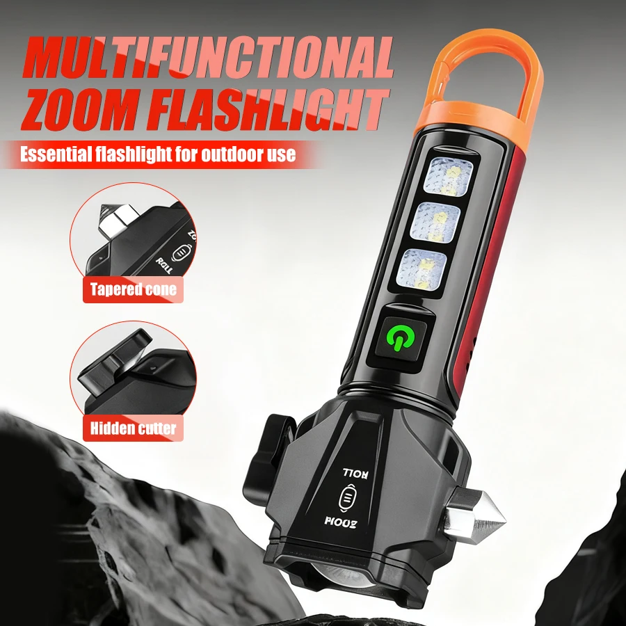 Linterna de emergencia recargable por USB, linterna port&aacute;til para el hogar, herramienta para coche con martillo de seguridad magn&eacute;tico