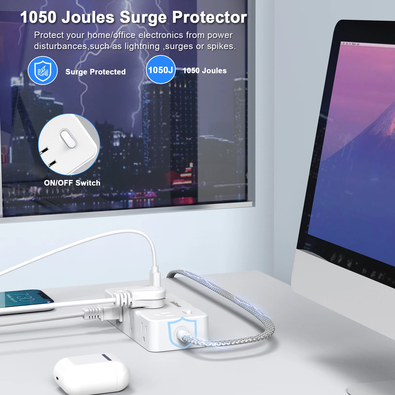 Extensor de enchufe múltiple, regleta de enchufe estadounidense, 8 salidas de CA, 4 USB (2 tipo C), Protector contra sobretensiones, divisor de toma de corriente de pared con interruptor Extensor de enchufe múltiple, regleta de enchufe estadounidense, 8 salidas de CA, 4 USB (2 tipo C), Protector contra sobretensiones, divisor de toma de corriente de pared con interruptor