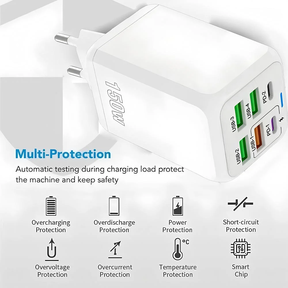 Cargador USB multipuerto de 150W, cargador de tel&eacute;fono de carga r&aacute;pida de 6 puertos, adaptador de pared para iPhone, Samsung, Xiaomi, enchufe UE/EE. UU./Reino Unido, cargador r&aacute;pido