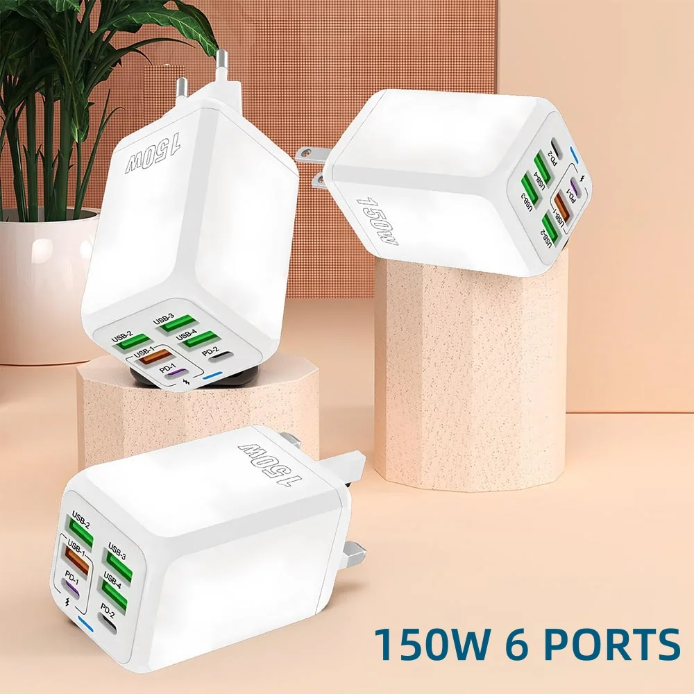 Cargador USB multipuerto de 150W, cargador de tel&eacute;fono de carga r&aacute;pida de 6 puertos, adaptador de pared para iPhone, Samsung, Xiaomi, enchufe UE/EE. UU./Reino Unido, cargador r&aacute;pido