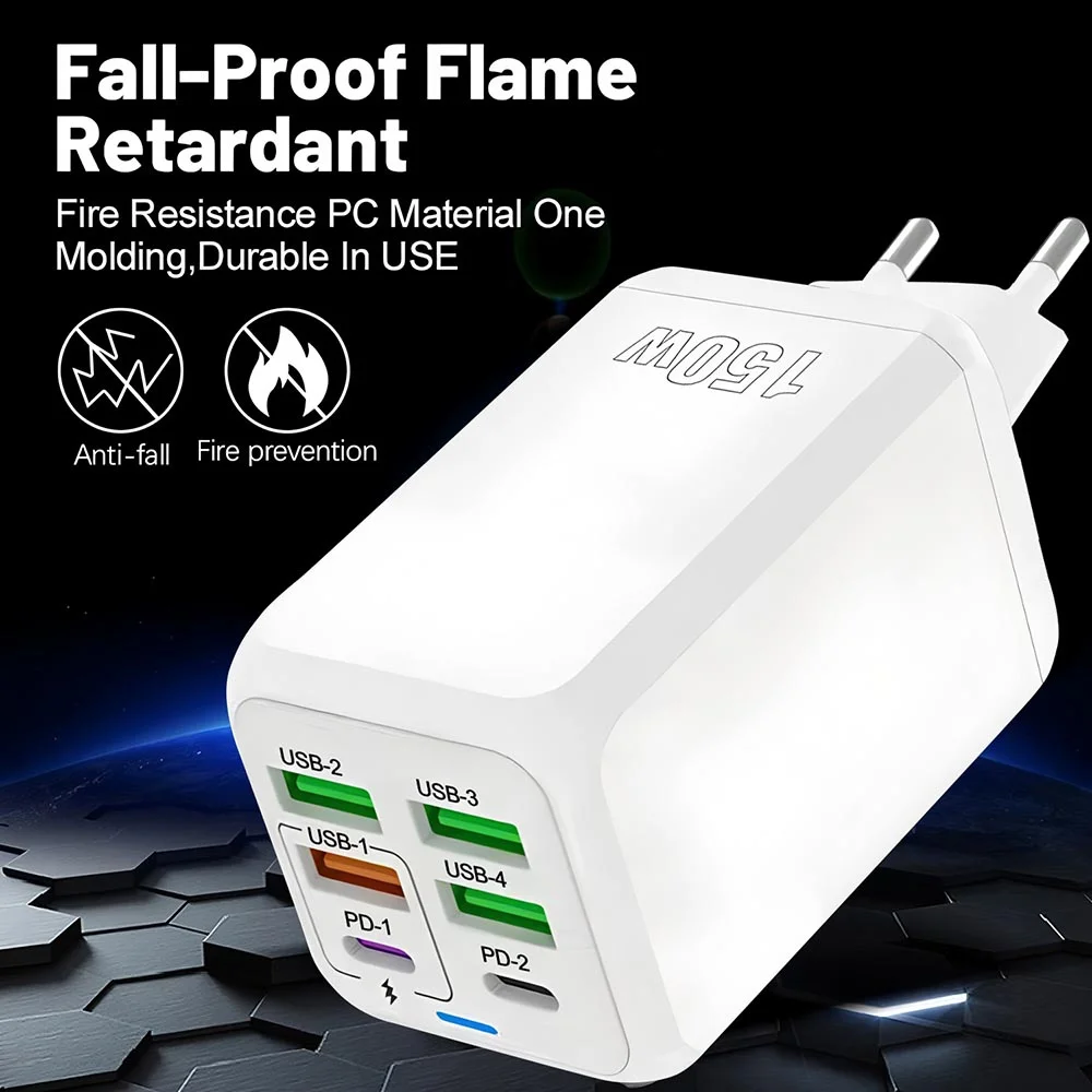 Cargador USB multipuerto de 150W, cargador de tel&eacute;fono de carga r&aacute;pida de 6 puertos, adaptador de pared para iPhone, Samsung, Xiaomi, enchufe UE/EE. UU./Reino Unido, cargador r&aacute;pido