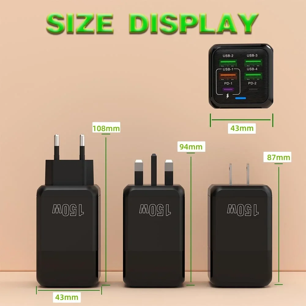 Cargador USB multipuerto de 150W, cargador de tel&eacute;fono de carga r&aacute;pida de 6 puertos, adaptador de pared para iPhone, Samsung, Xiaomi, enchufe UE/EE. UU./Reino Unido, cargador r&aacute;pido