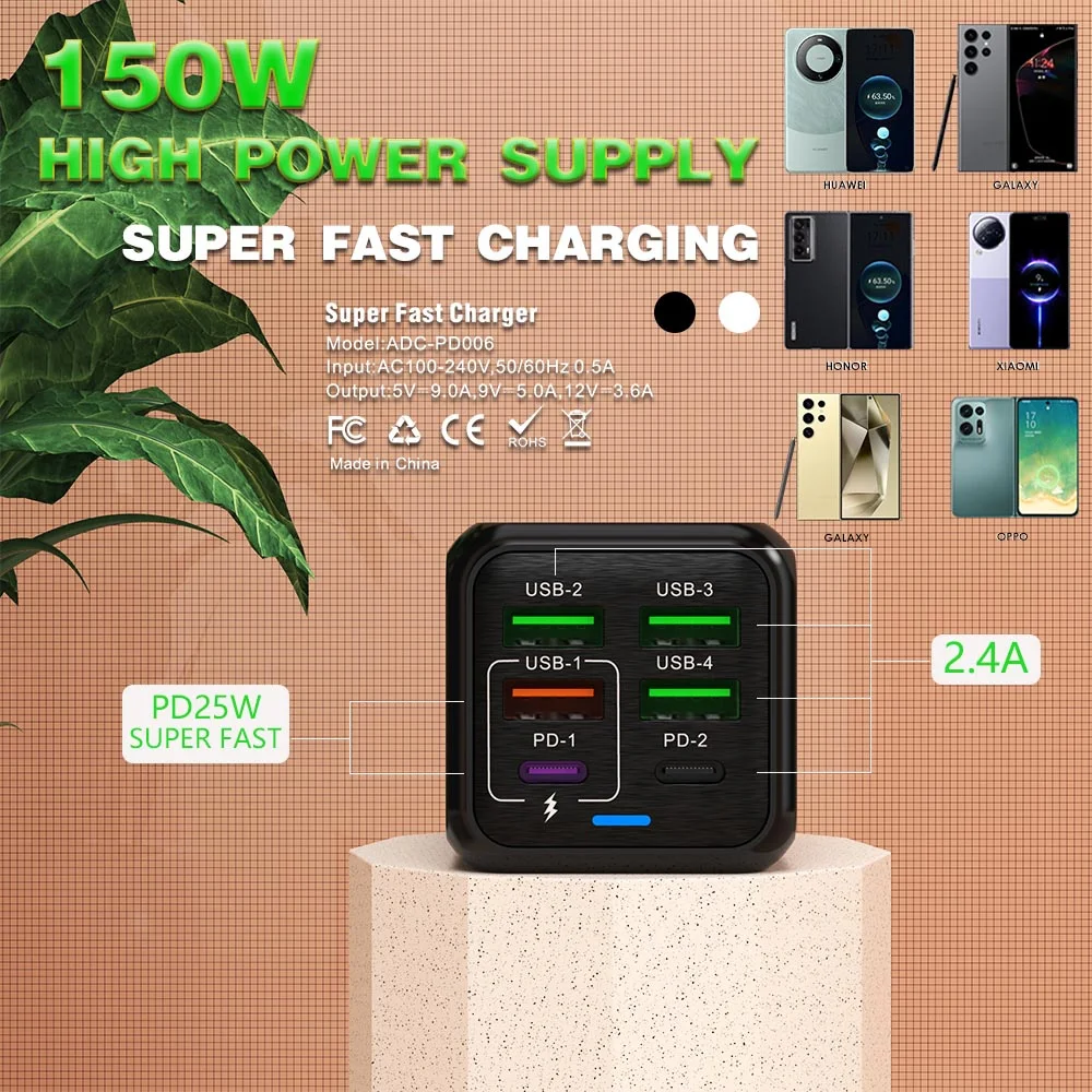 Cargador USB multipuerto de 150W, cargador de tel&eacute;fono de carga r&aacute;pida de 6 puertos, adaptador de pared para iPhone, Samsung, Xiaomi, enchufe UE/EE. UU./Reino Unido, cargador r&aacute;pido