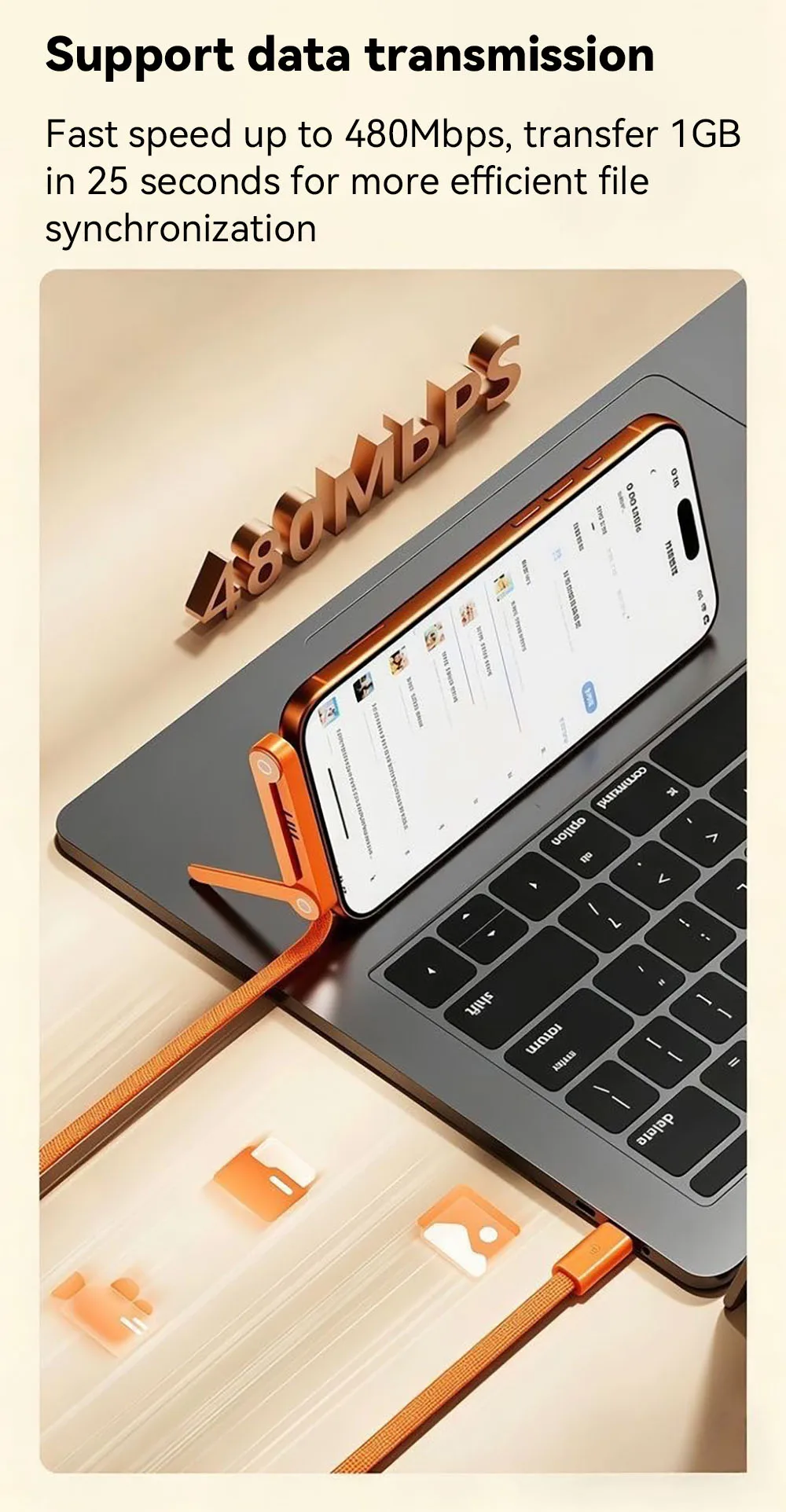 Cable de Datos Plegable 2 en 1 de 240W con Carga R&aacute;pida, Negro/Naranja, Tipo-C a Tipo-C PD, con Soporte para Tel&eacute;fono/Tablet, 1.5M