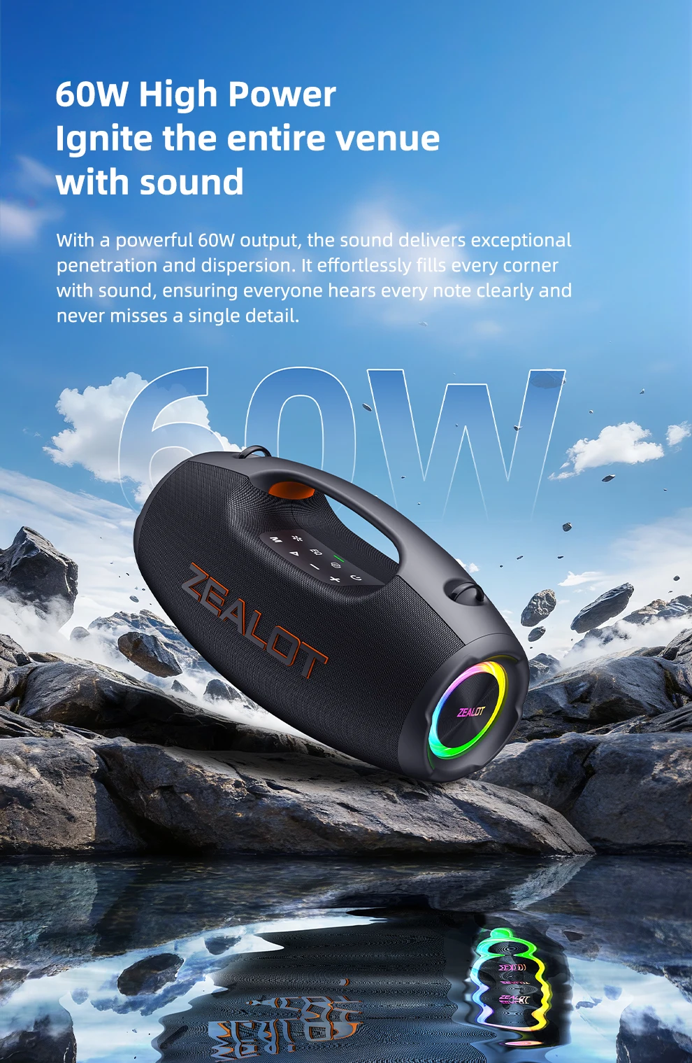 Altavoz Bluetooth Zealot-S86, 60W de Potencia con Subwoofer, Altavoz para Fiestas al Aire Libre IPX6, 12 Horas de Reproducci&oacute;n, LED para Camping
