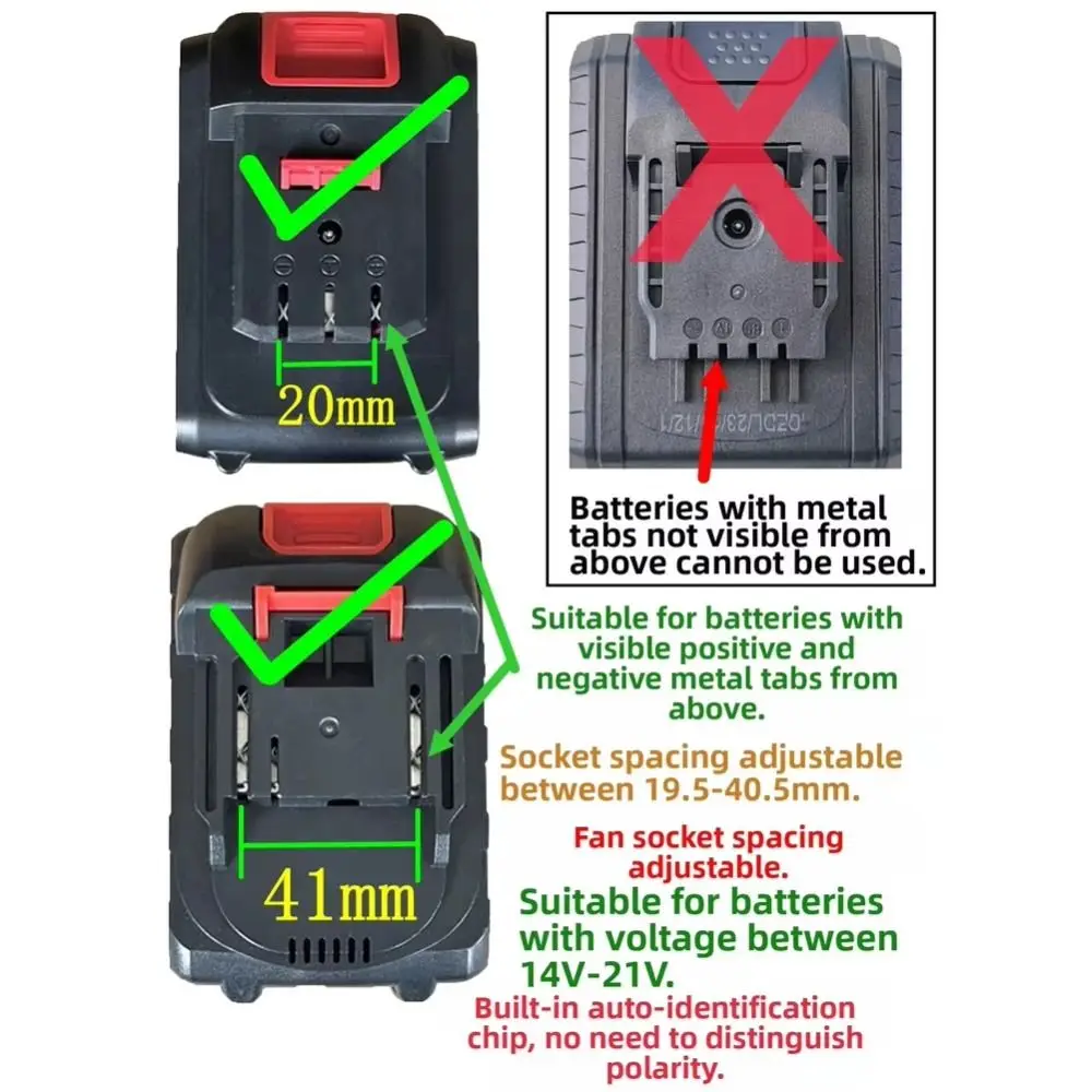 Ventilador El&eacute;ctrico Recargable con Bater&iacute;a de Litio de 14-21V, &Aacute;ngulo Ajustable, Espacio entre Pines de 19-40mm, Velocidades Ajustables