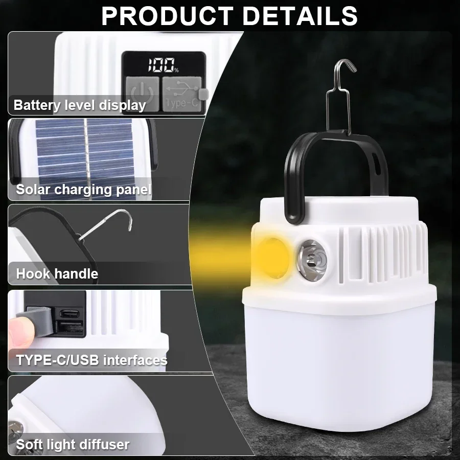 Bombilla LED Solar superbrillante para acampar, 6 modos de iluminación, Banco de energía recargable por USB, tiendas de campaña para barbacoa al aire libre, luz de emergencia colgante Bombilla LED Solar superbrillante para acampar, 6 modos de iluminación, Banco de energía recargable por USB, tiendas de campaña para barbacoa al aire libre, luz de emergencia colgante