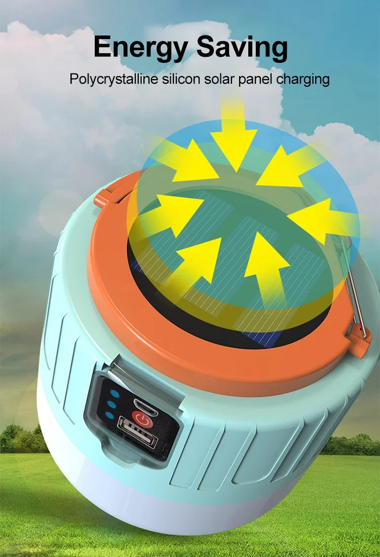 Bombilla LED Solar superbrillante para acampar, 6 modos de iluminaci&oacute;n, Banco de energ&iacute;a recargable por USB, tiendas de campa&ntilde;a para barbacoa al aire libre, luz de emergencia colgante