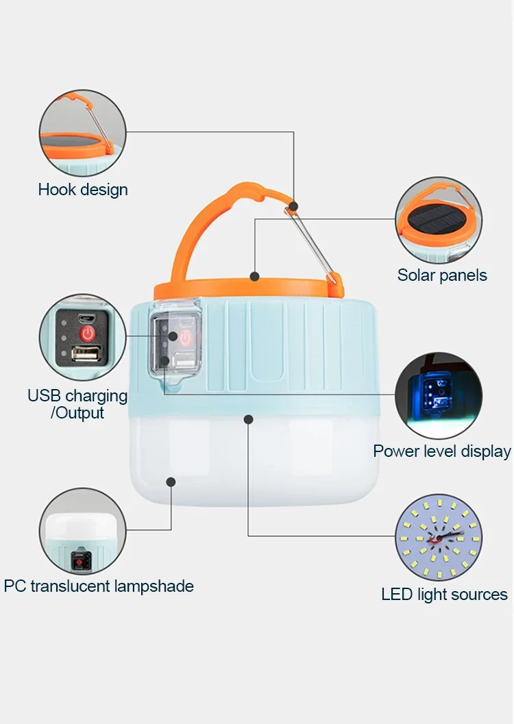 Bombilla LED Solar superbrillante para acampar, 6 modos de iluminaci&oacute;n, Banco de energ&iacute;a recargable por USB, tiendas de campa&ntilde;a para barbacoa al aire libre, luz de emergencia colgante