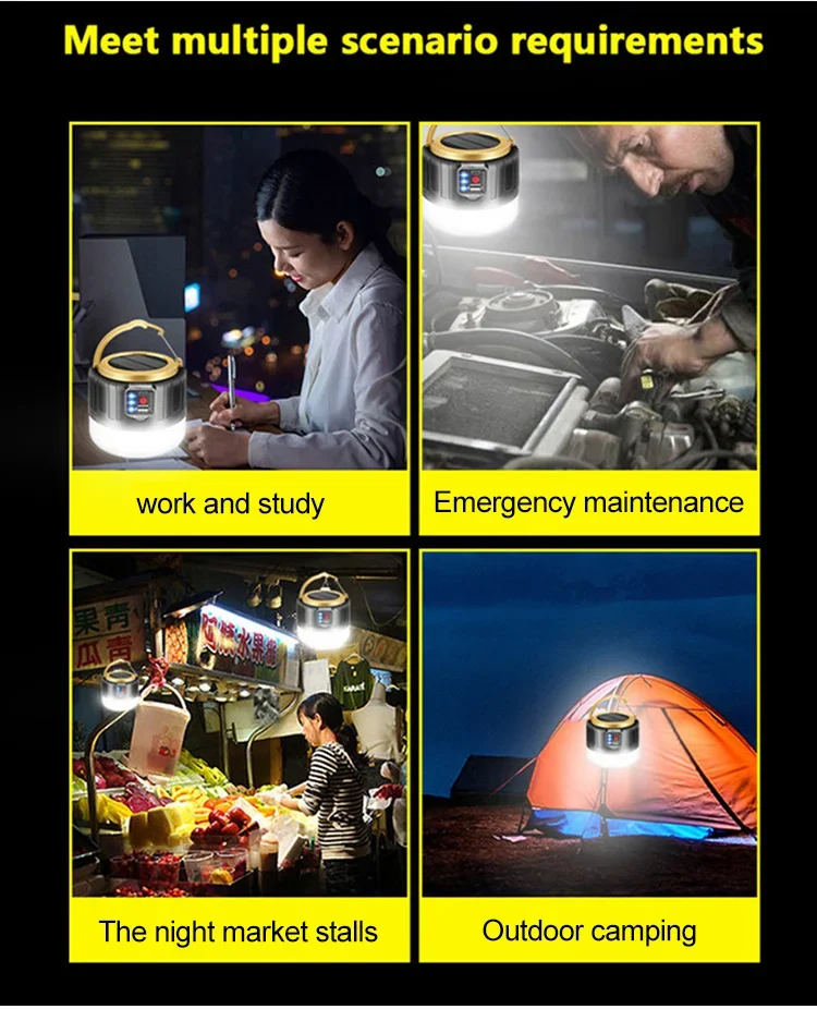 Bombilla LED Solar superbrillante para acampar, 6 modos de iluminaci&oacute;n, Banco de energ&iacute;a recargable por USB, tiendas de campa&ntilde;a para barbacoa al aire libre, luz de emergencia colgante