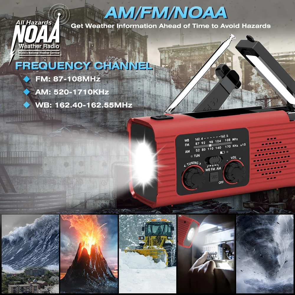 Radio solar recargable Radio con luz LED Luz de emergencia recargable manual Luz de emergencia impermeable para aventuras al aire libre