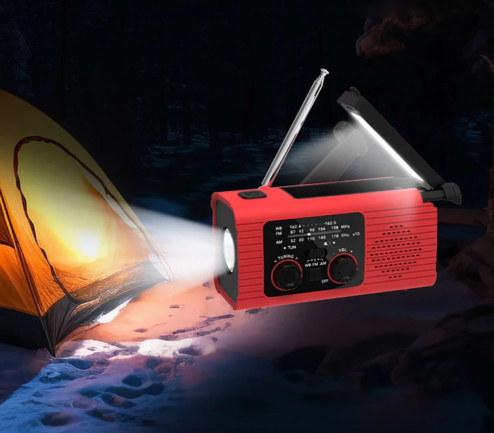 Radio solar recargable Radio con luz LED Luz de emergencia recargable manual Luz de emergencia impermeable para aventuras al aire libre
