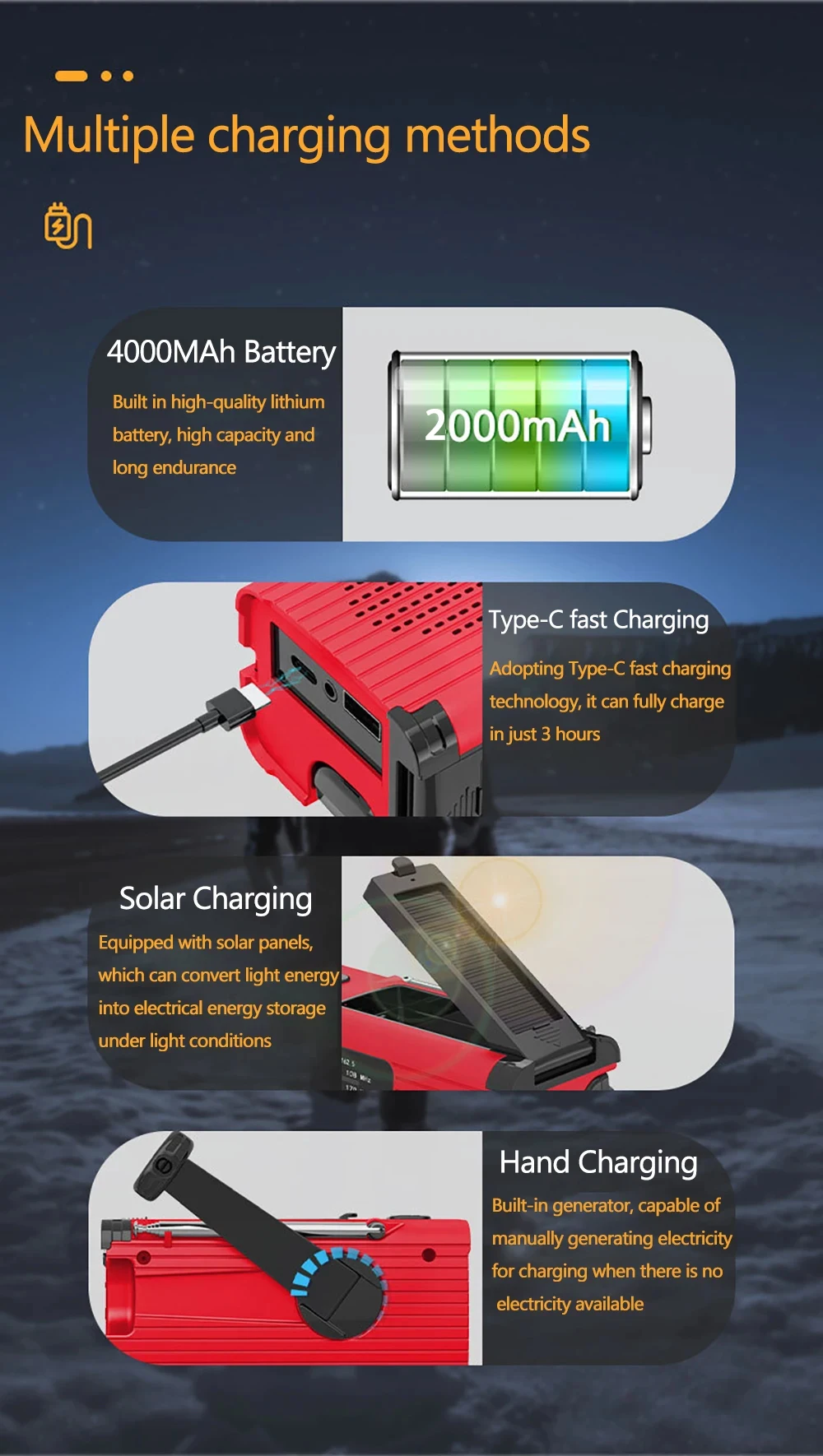 Radio solar recargable Radio con luz LED Luz de emergencia recargable manual Luz de emergencia impermeable para aventuras al aire libre
