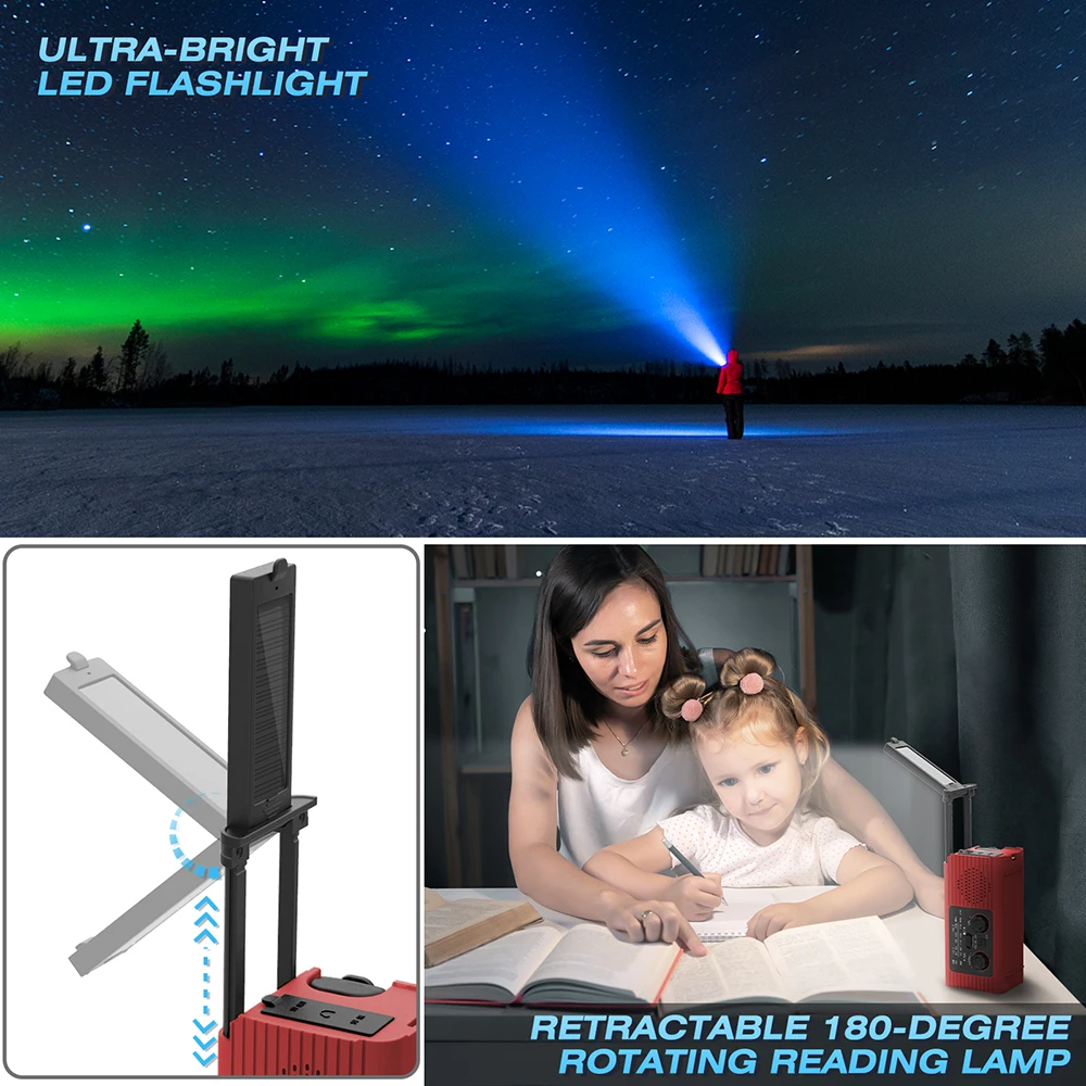 Radio solar recargable Radio con luz LED Luz de emergencia recargable manual Luz de emergencia impermeable para aventuras al aire libre