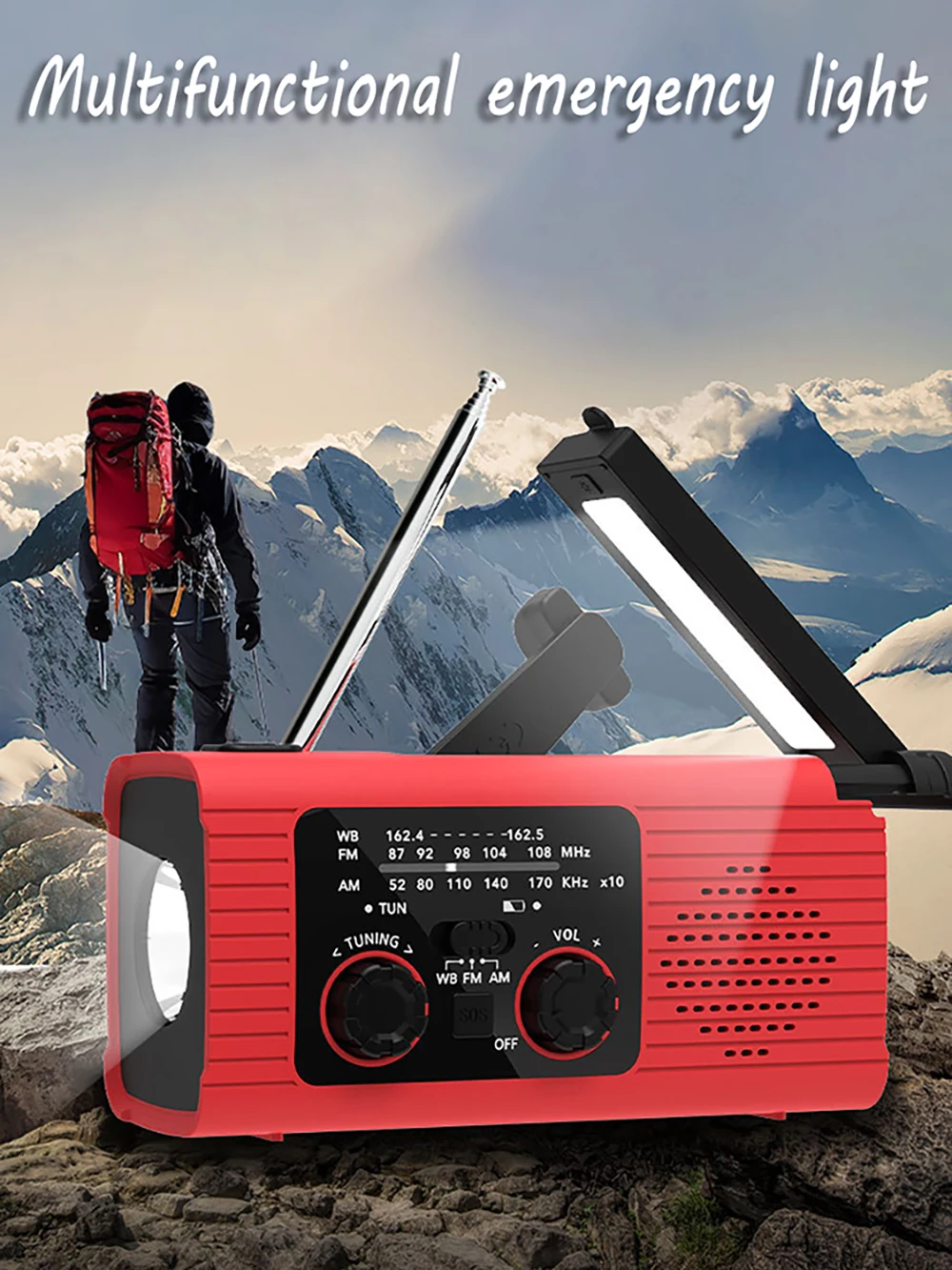 Radio solar recargable Radio con luz LED Luz de emergencia recargable manual Luz de emergencia impermeable para aventuras al aire libre