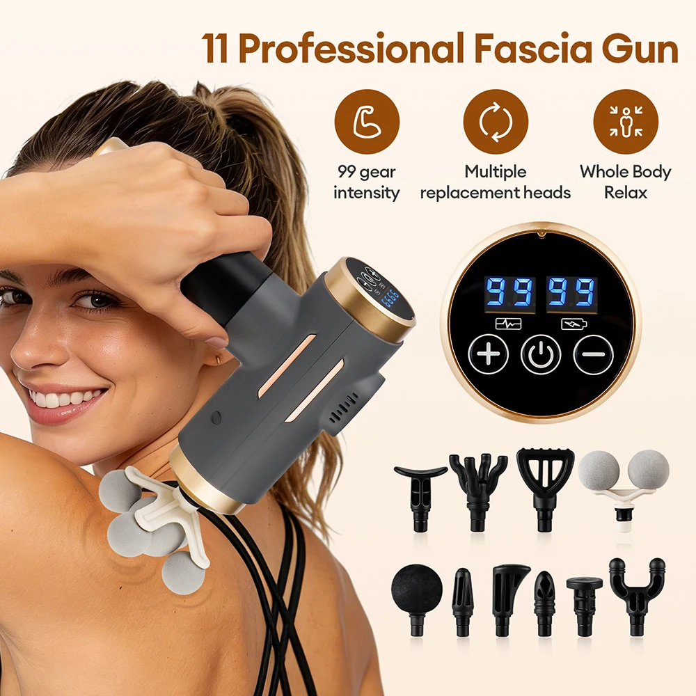 Pistola de Masaje El&eacute;ctrica 11 en 1, 99 Niveles de Potencia, Pistola de Masaje Fascial de Alta Frecuencia, Masajeador Corporal para Brazos y Piernas
