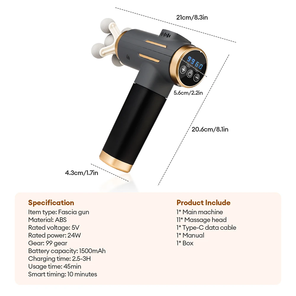 Pistola de Masaje El&eacute;ctrica 11 en 1, 99 Niveles de Potencia, Pistola de Masaje Fascial de Alta Frecuencia, Masajeador Corporal para Brazos y Piernas