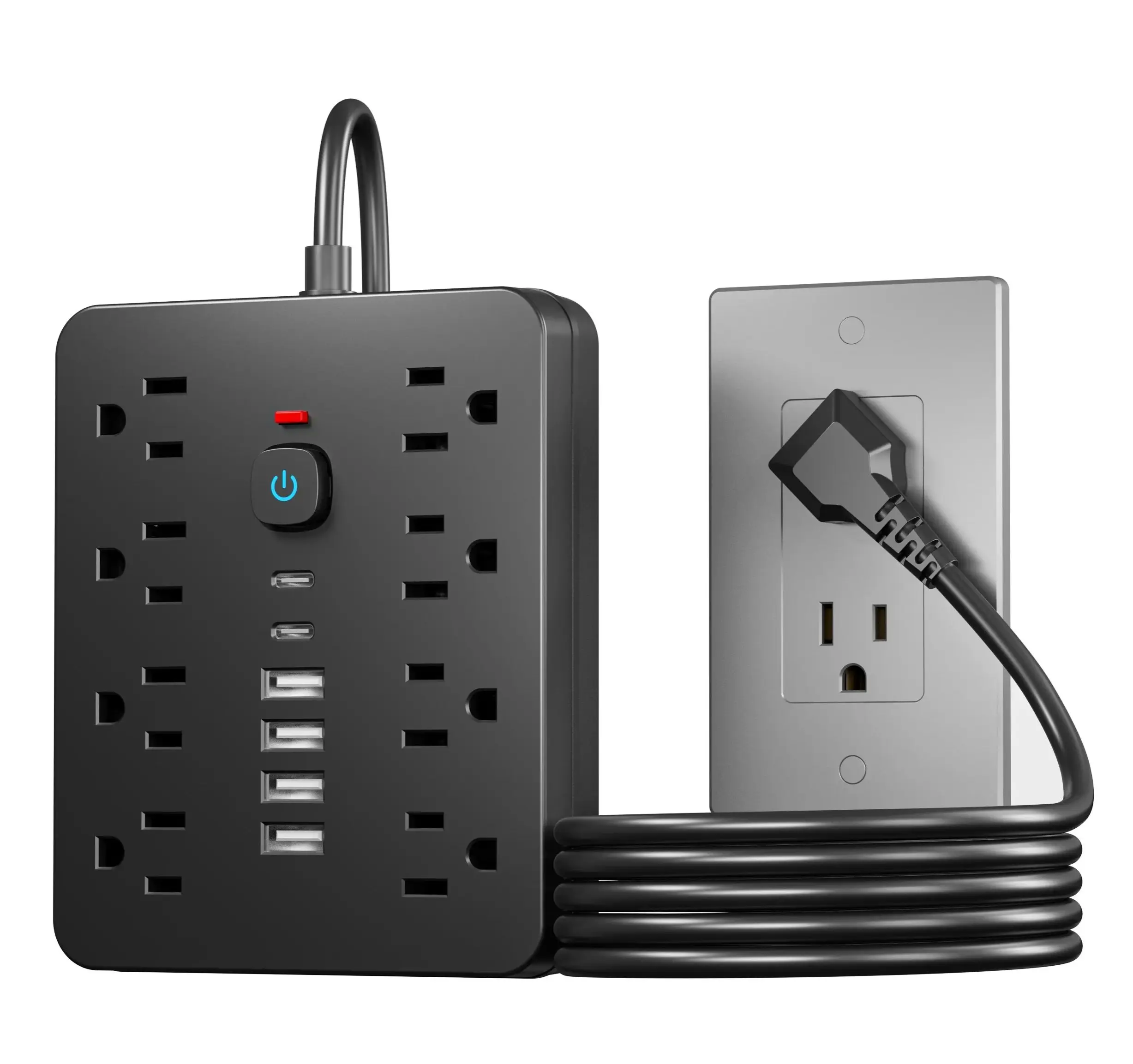 1 toma de corriente con protecci&oacute;n contra sobretensiones y interruptor - 8 tomas de CA y 6 puertos USB (incluidos 2 USB-C) y cable de 5 pies