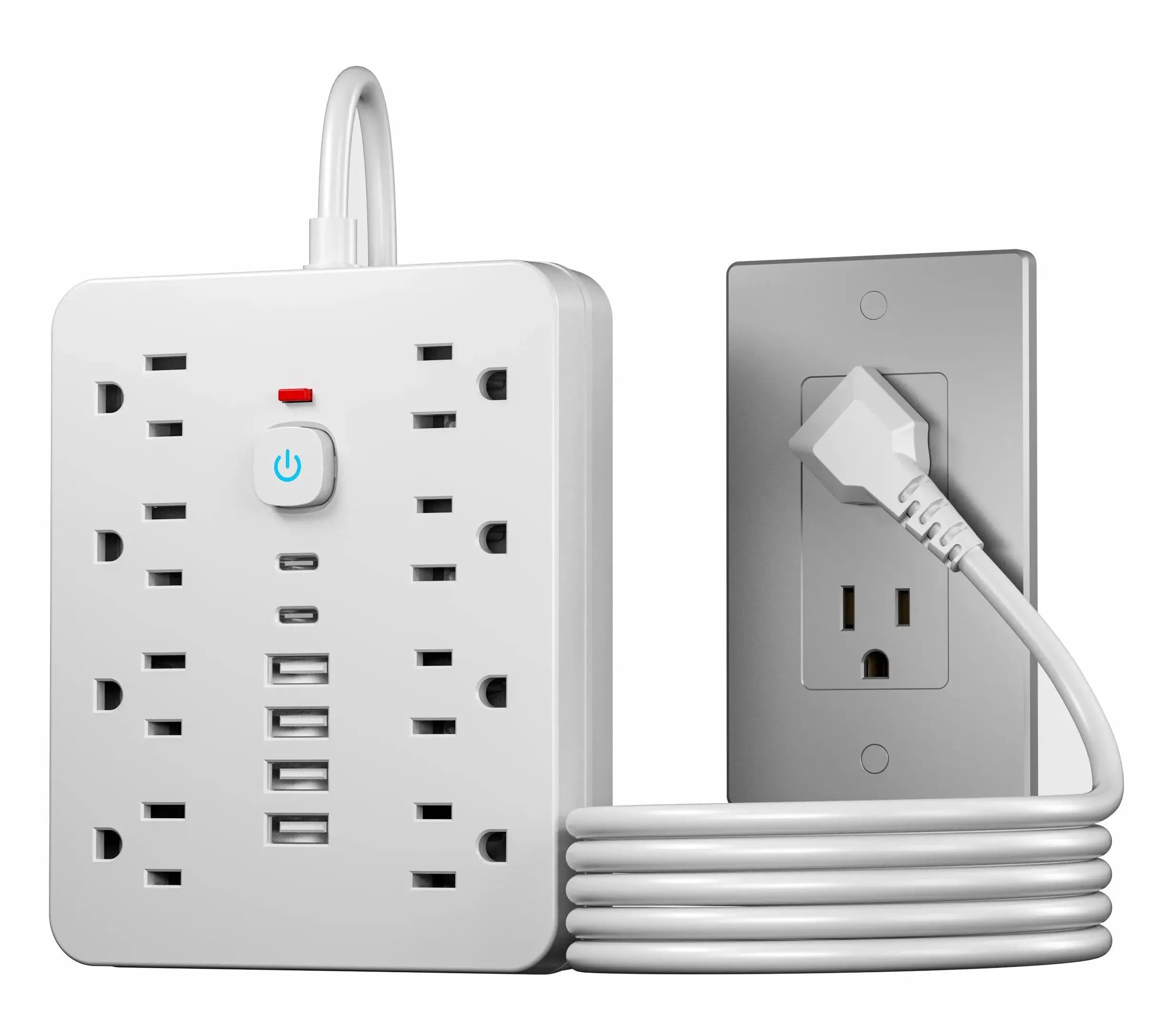 1 toma de corriente con protecci&oacute;n contra sobretensiones y interruptor - 8 tomas de CA y 6 puertos USB (incluidos 2 USB-C) y cable de 5 pies
