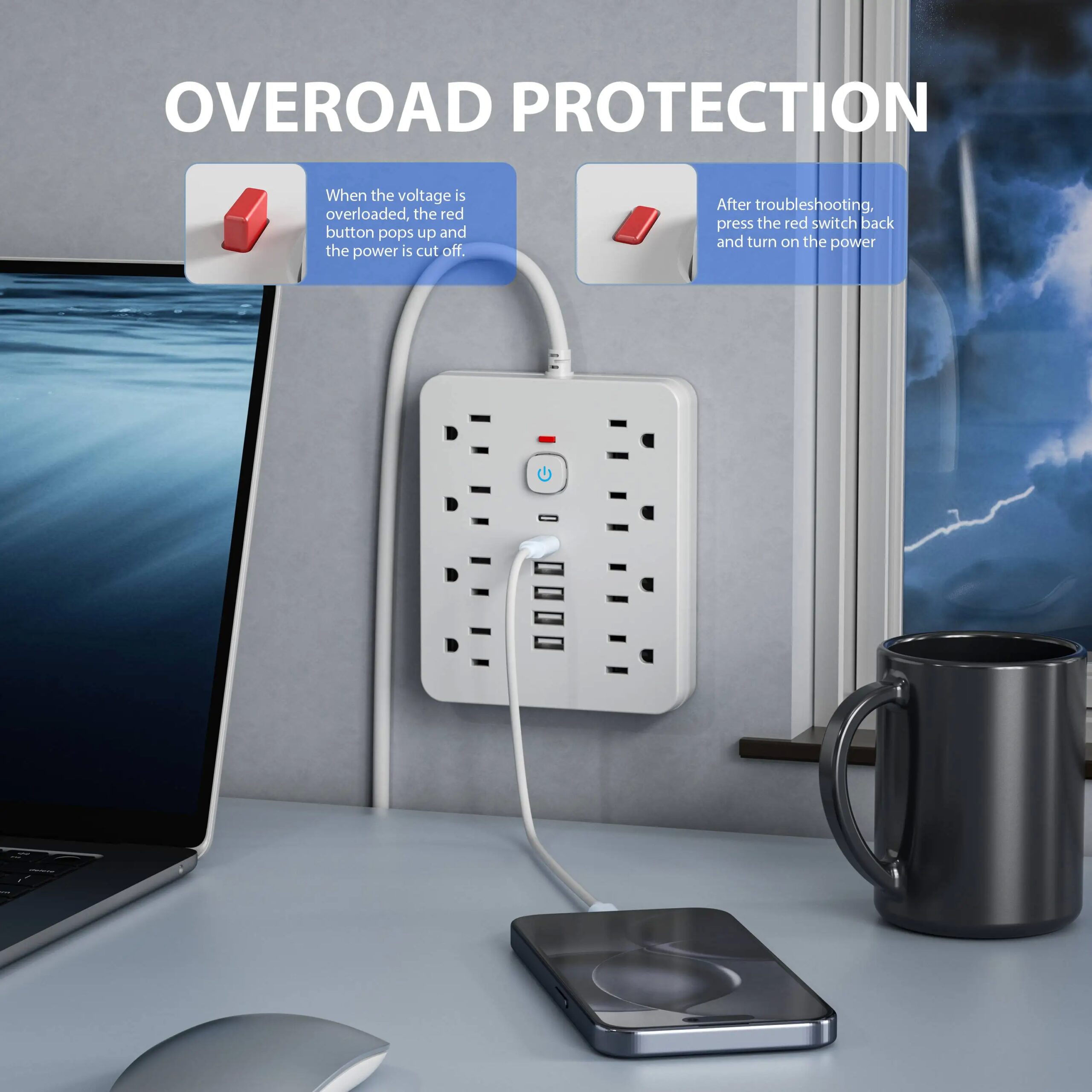 1 toma de corriente con protecci&oacute;n contra sobretensiones y interruptor - 8 tomas de CA y 6 puertos USB (incluidos 2 USB-C) y cable de 5 pies