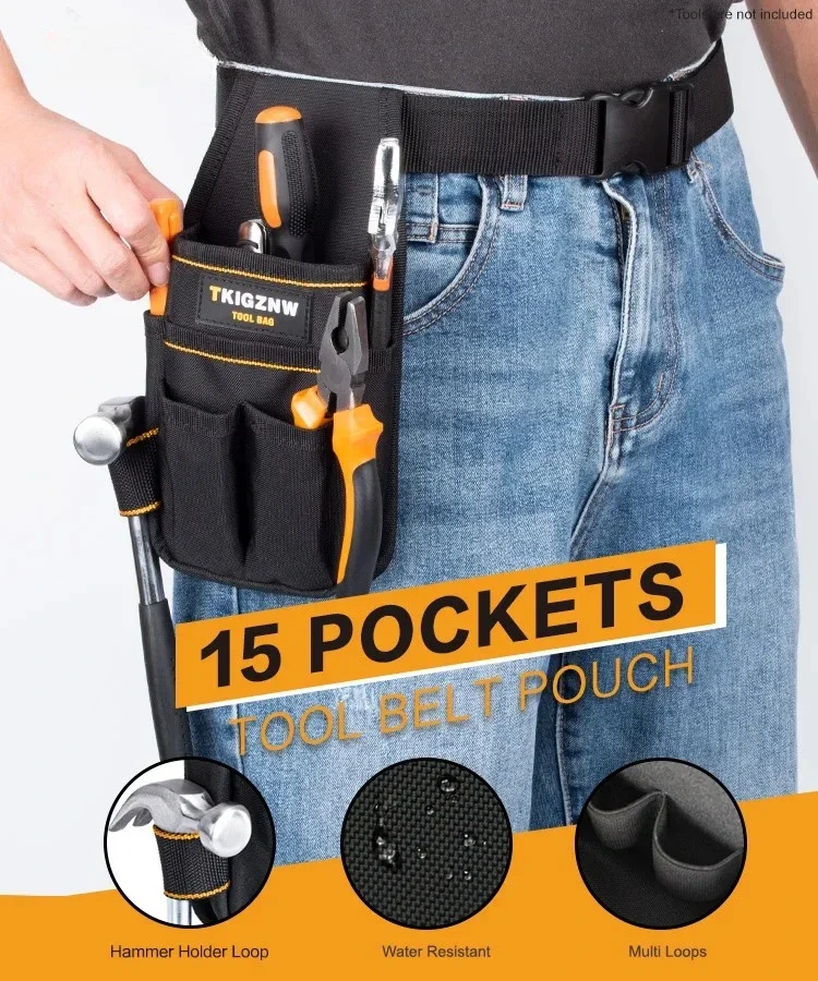 El kit de herramientas port&aacute;til TKIGZNW cuenta con 6 bolsillos para electricistas y 9 anillos para destornilladores. Es una bolsa de herramientas resistente con ajuste.