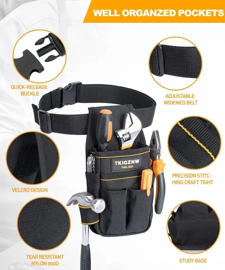 El kit de herramientas port&aacute;til TKIGZNW cuenta con 6 bolsillos para electricistas y 9 anillos para destornilladores. Es una bolsa de herramientas resistente con ajuste.