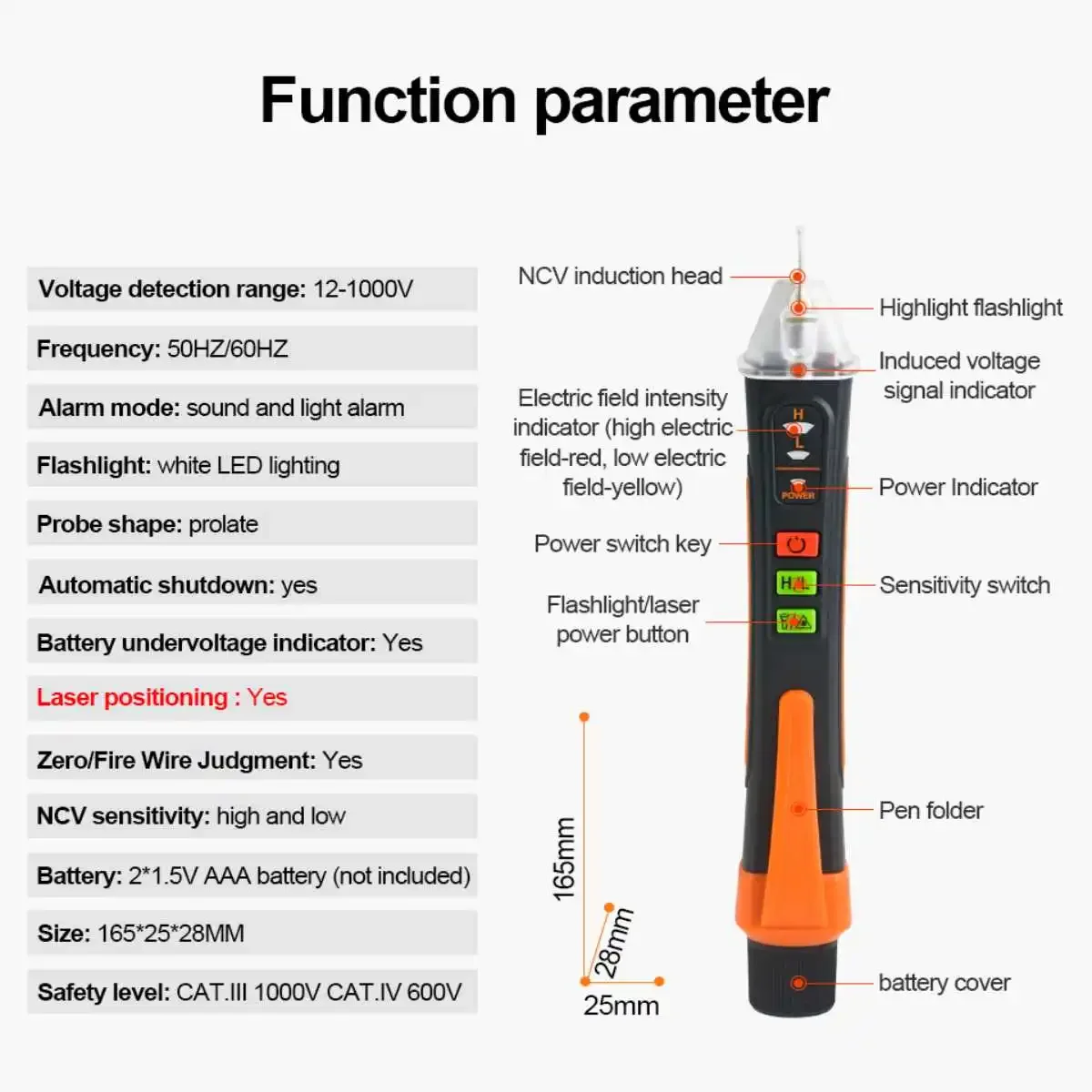 T02A T02B AC 12-1000V Detector de Voltaje sin Contacto Tipo L&aacute;piz, Detector de Cable El&eacute;ctrico Vivo y Neutro, Buscador de Puntos de Ruptura, Volt&iacute;metro con Luz LED