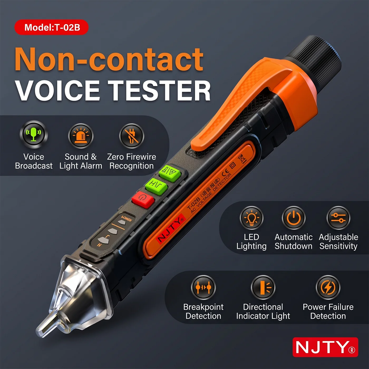 T02A T02B AC 12-1000V Detector de Voltaje sin Contacto Tipo L&aacute;piz, Detector de Cable El&eacute;ctrico Vivo y Neutro, Buscador de Puntos de Ruptura, Volt&iacute;metro con Luz LED