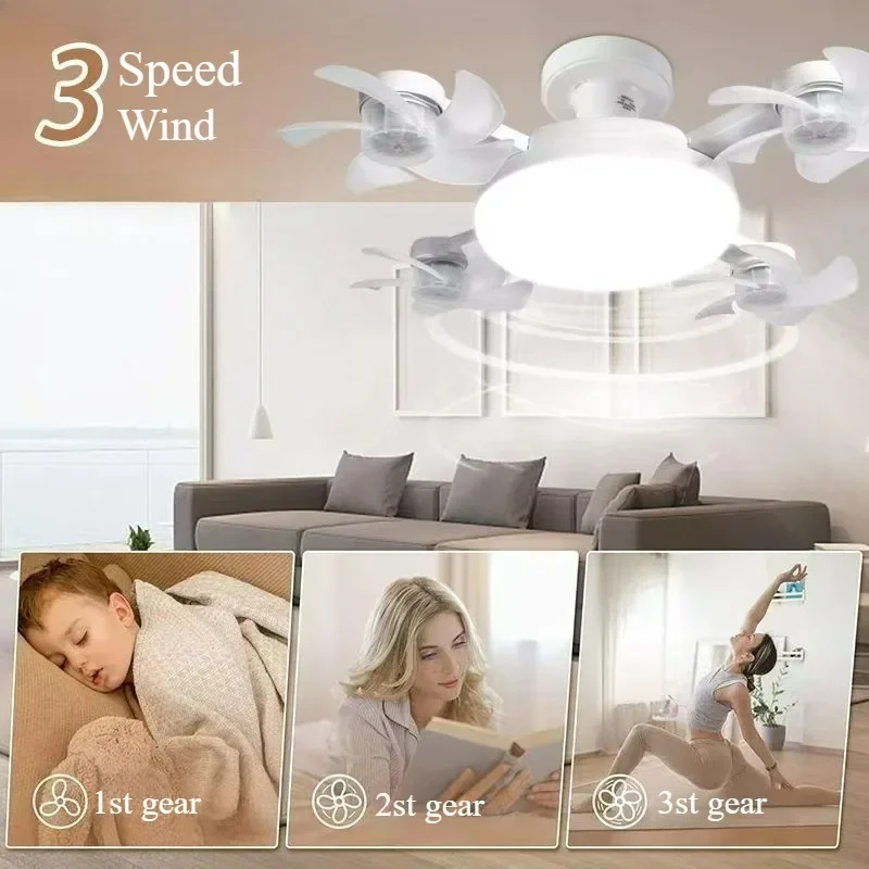 Ventilador de Techo Silencioso con Dise&ntilde;o de Dron, Luz LED de 3 Colores, Base E27, Control Remoto, Regulable, para Sala de Estar y Dormitorio