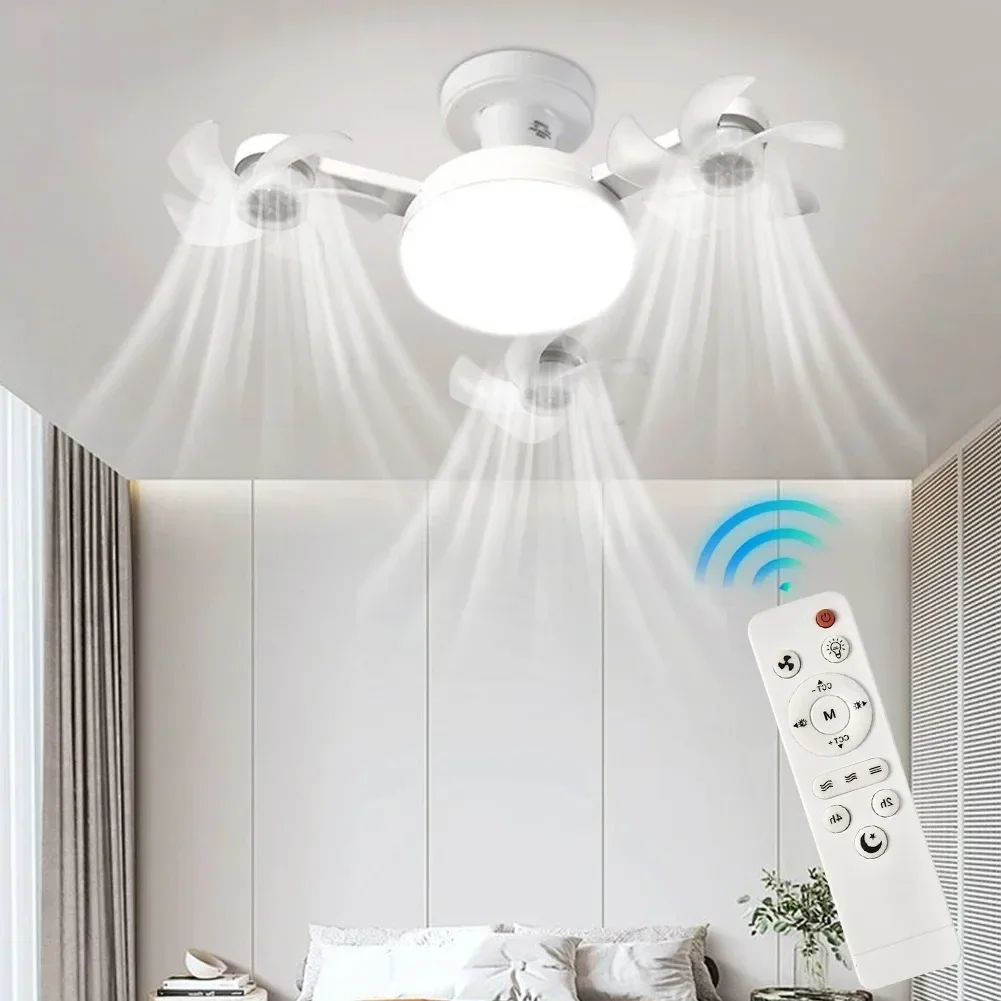 Ventilador de Techo Silencioso con Dise&ntilde;o de Dron, Luz LED de 3 Colores, Base E27, Control Remoto, Regulable, para Sala de Estar y Dormitorio