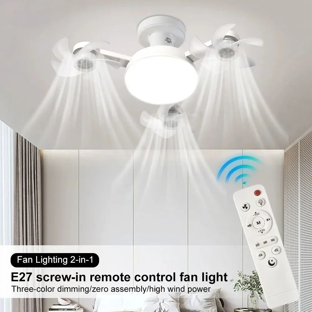 Ventilador de Techo Silencioso con Dise&ntilde;o de Dron, Luz LED de 3 Colores, Base E27, Control Remoto, Regulable, para Sala de Estar y Dormitorio