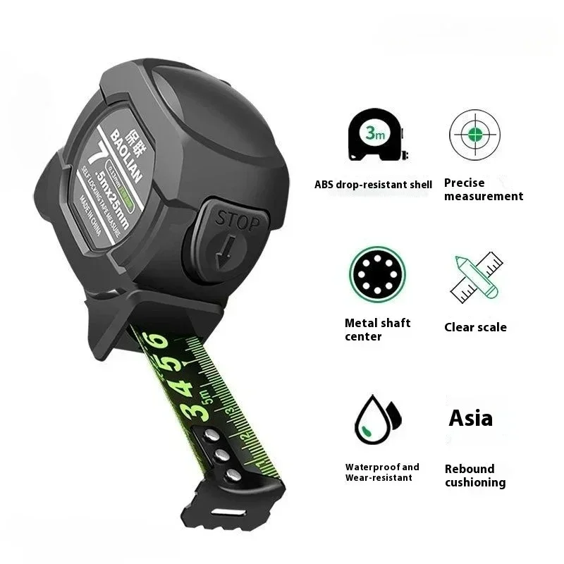 Cinta m&eacute;trica fluorescente de alta precisi&oacute;n Baolian, carcasa gruesa antica&iacute;da, herramienta de medici&oacute;n port&aacute;til con bloqueo autom&aacute;tico