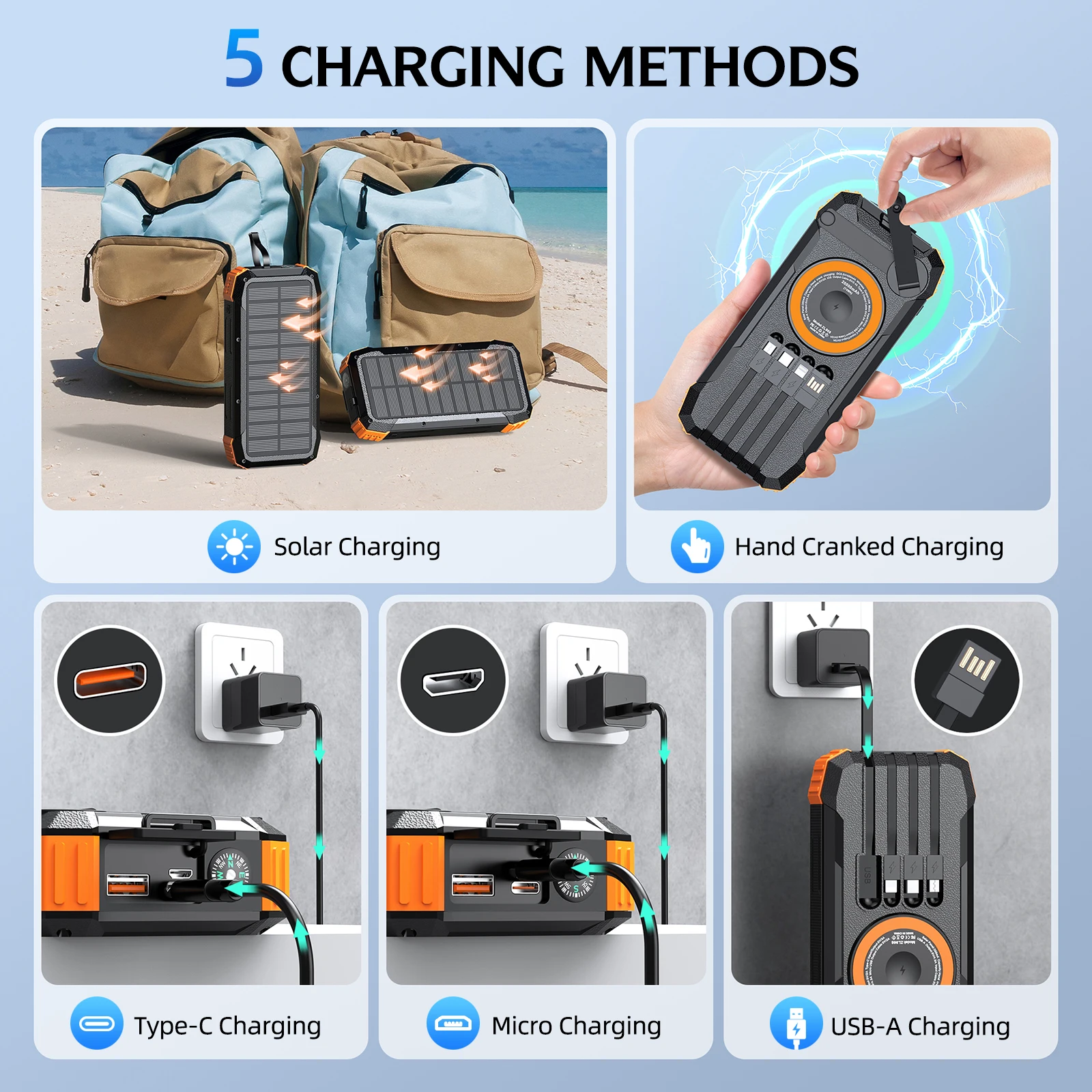 Generador de Energ&iacute;a Solar con Manivela, Banco de Energ&iacute;a de Alta Capacidad, Cargador Inal&aacute;mbrico con 4 Cables Integrados, Luz LED para Emergencias al Aire Libre