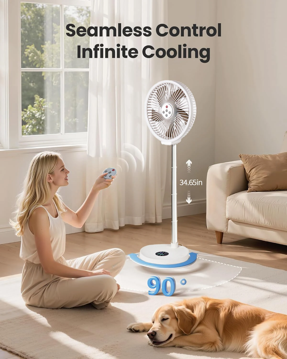 Ventilador plegable con control remoto para el hogar, dormitorio, camping al aire libre, ventilador silencioso con luz LED, movimiento de izquierda a derecha, ventilador vertical de escritorio de 10 p