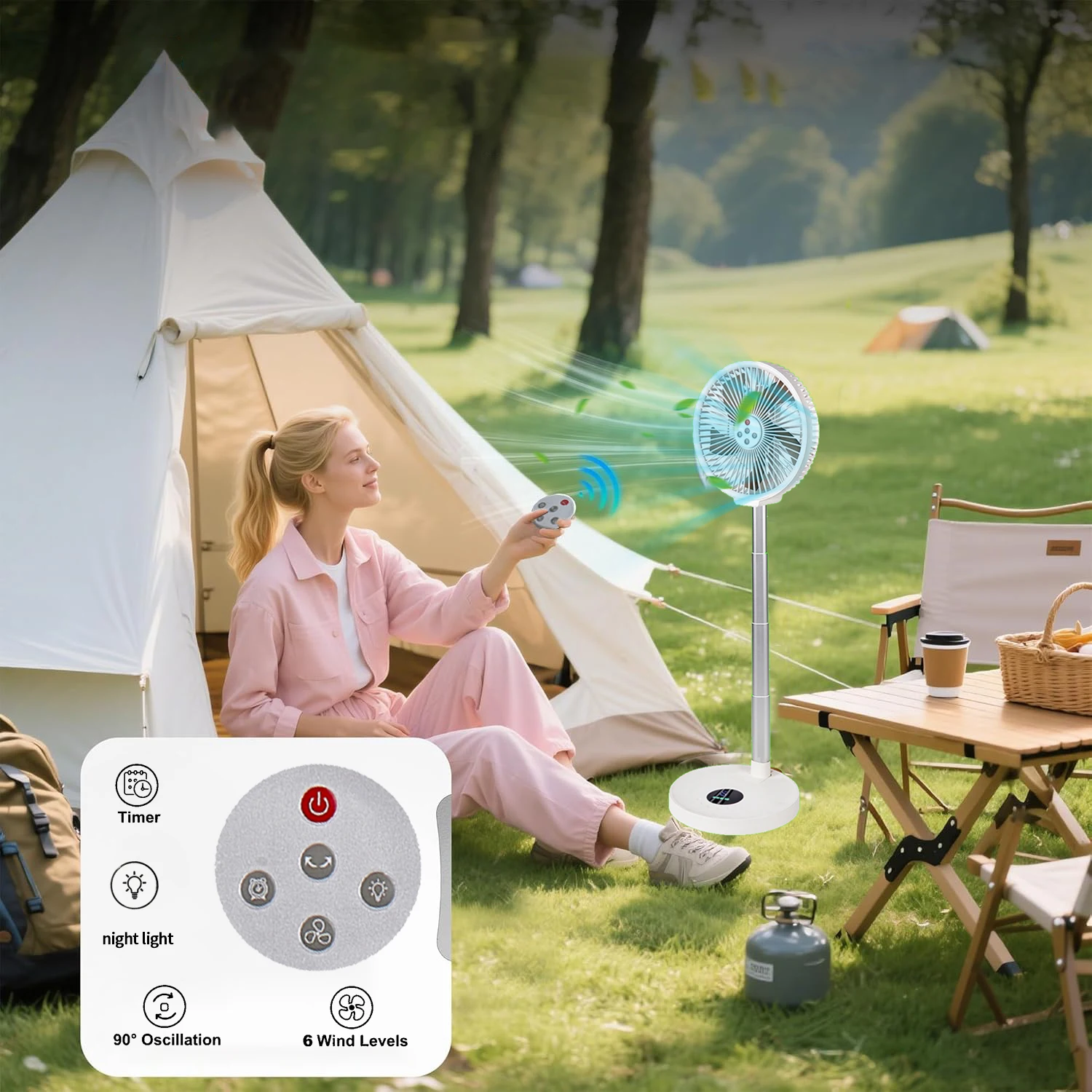 Ventilador plegable con control remoto para el hogar, dormitorio, camping al aire libre, ventilador silencioso con luz LED, movimiento de izquierda a derecha, ventilador vertical de escritorio de 10 p