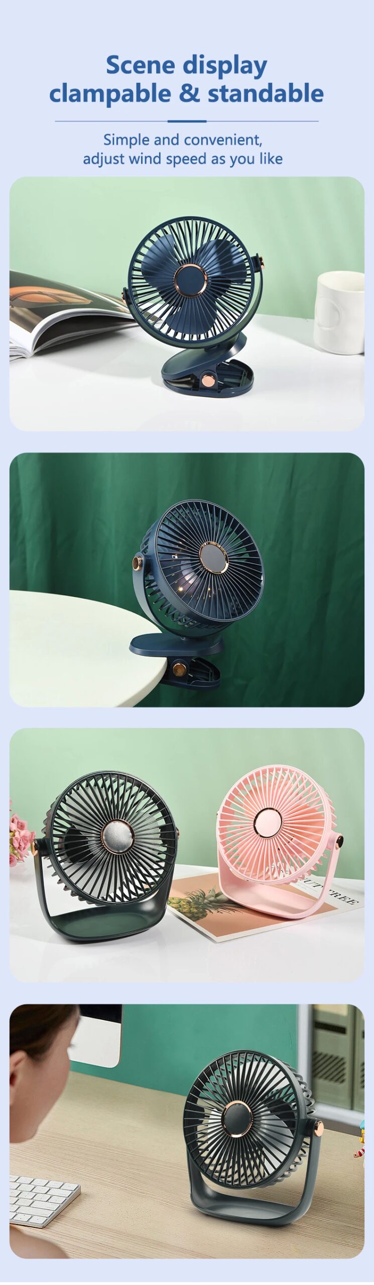 Ventilador El&eacute;ctrico de Escritorio Recargable por USB con Luz Nocturna LED, 5 Velocidades de Viento, 360&deg; &deg; Ventilador Mini Port&aacute;til Personal Giratorio y Silencioso para el Hogar