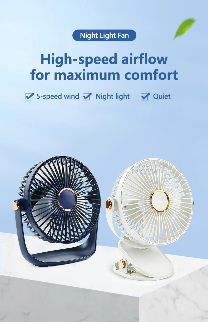 Ventilador El&eacute;ctrico de Escritorio Recargable por USB con Luz Nocturna LED, 5 Velocidades de Viento, 360&deg; &deg; Ventilador Mini Port&aacute;til Personal Giratorio y Silencioso para el Hogar