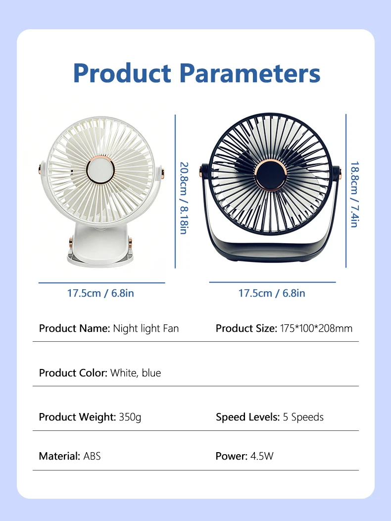 Ventilador El&eacute;ctrico de Escritorio Recargable por USB con Luz Nocturna LED, 5 Velocidades de Viento, 360&deg; &deg; Ventilador Mini Port&aacute;til Personal Giratorio y Silencioso para el Hogar