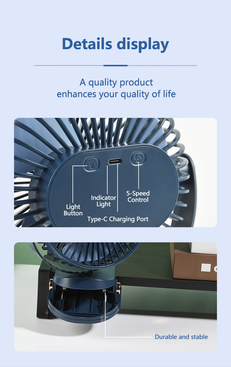 Ventilador El&eacute;ctrico de Escritorio Recargable por USB con Luz Nocturna LED, 5 Velocidades de Viento, 360&deg; &deg; Ventilador Mini Port&aacute;til Personal Giratorio y Silencioso para el Hogar