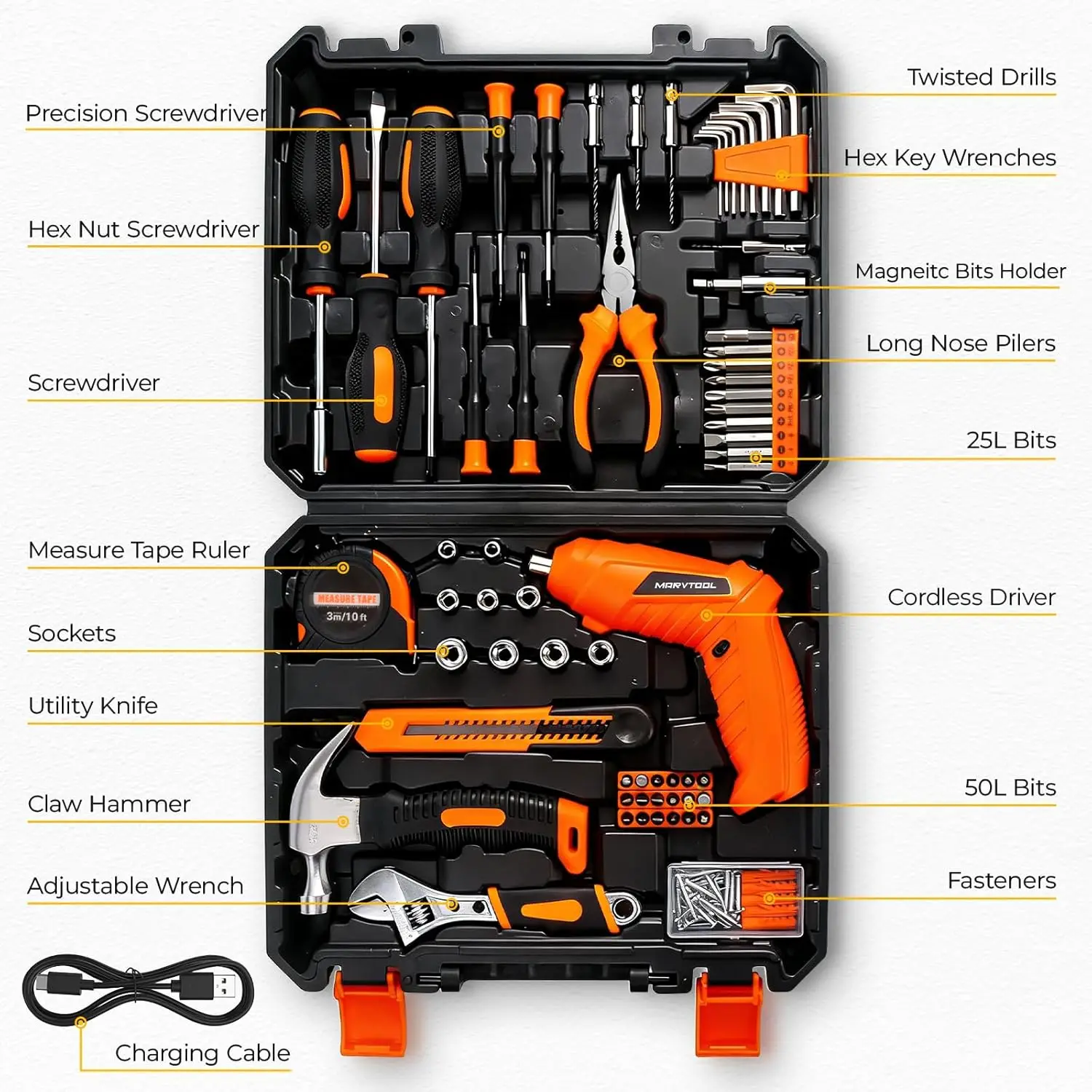 Juego de Herramientas de 140/152/57 Piezas, Caja de Herramientas con Taladro Inal&aacute;mbrico de 4/12V, Kit de Herramientas Manuales para Reparaciones del Hogar, Juego de Taladros General para Reparaciones