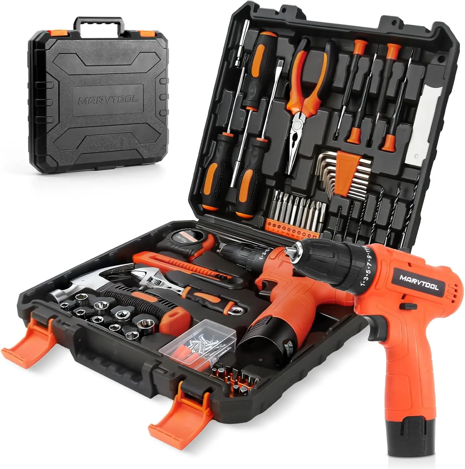 Juego de Herramientas de 140/152/57 Piezas, Caja de Herramientas con Taladro Inal&aacute;mbrico de 4/12V, Kit de Herramientas Manuales para Reparaciones del Hogar, Juego de Taladros General para Reparaciones