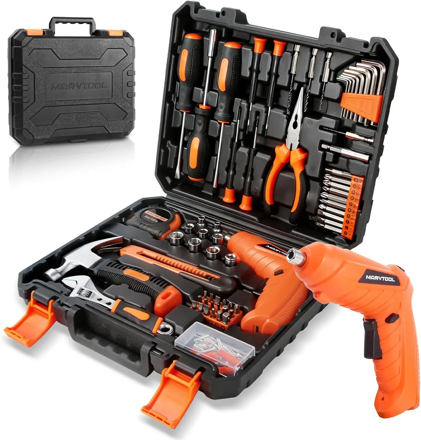 Juego de Herramientas de 140/152/57 Piezas, Caja de Herramientas con Taladro Inal&aacute;mbrico de 4/12V, Kit de Herramientas Manuales para Reparaciones del Hogar, Juego de Taladros General para Reparaciones