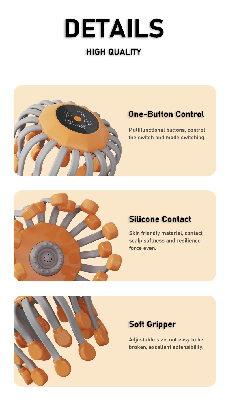 Masajeador de Cabeza Octopus Naranja, 10/20 Cabezales de Masaje Independientes, Masajeador de Cuero Cabelludo Inalámbrico con Vibración para Relajación Diaria Masajeador de Cabeza Octopus Naranja, 10/20 Cabezales de Masaje Independientes, Masajeador de Cuero Cabelludo Inalámbrico con Vibración para Relajación Diaria