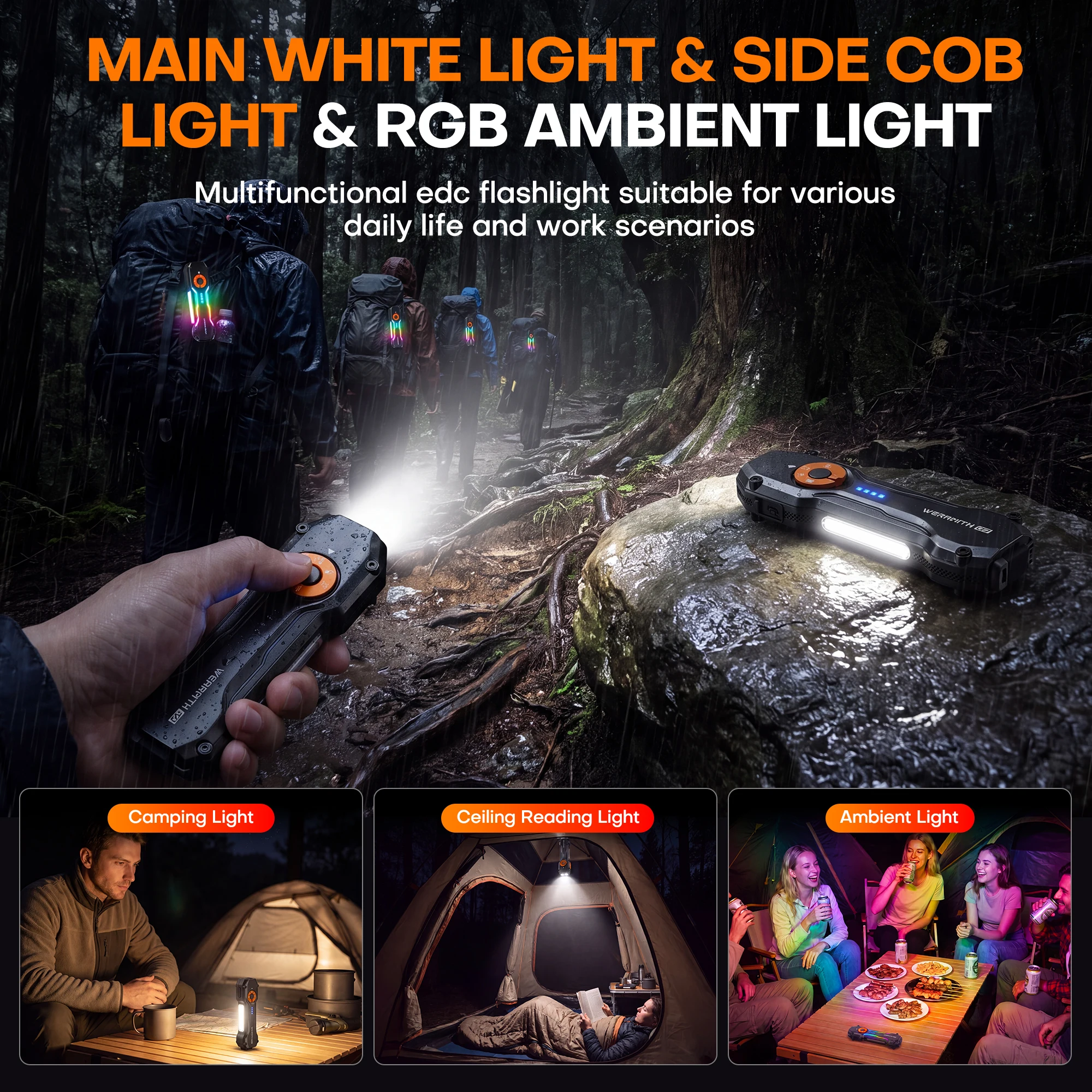 Linterna Plana Multifuncional EDC 1000mAh Recargable por USB-C 1000LM Luz Lateral COB RGB Luz Ambiental UV 365nm Resistente al Agua IPX Linterna de Trabajo Magn&eacute;tica con Clip de Doble Uso para Reparac