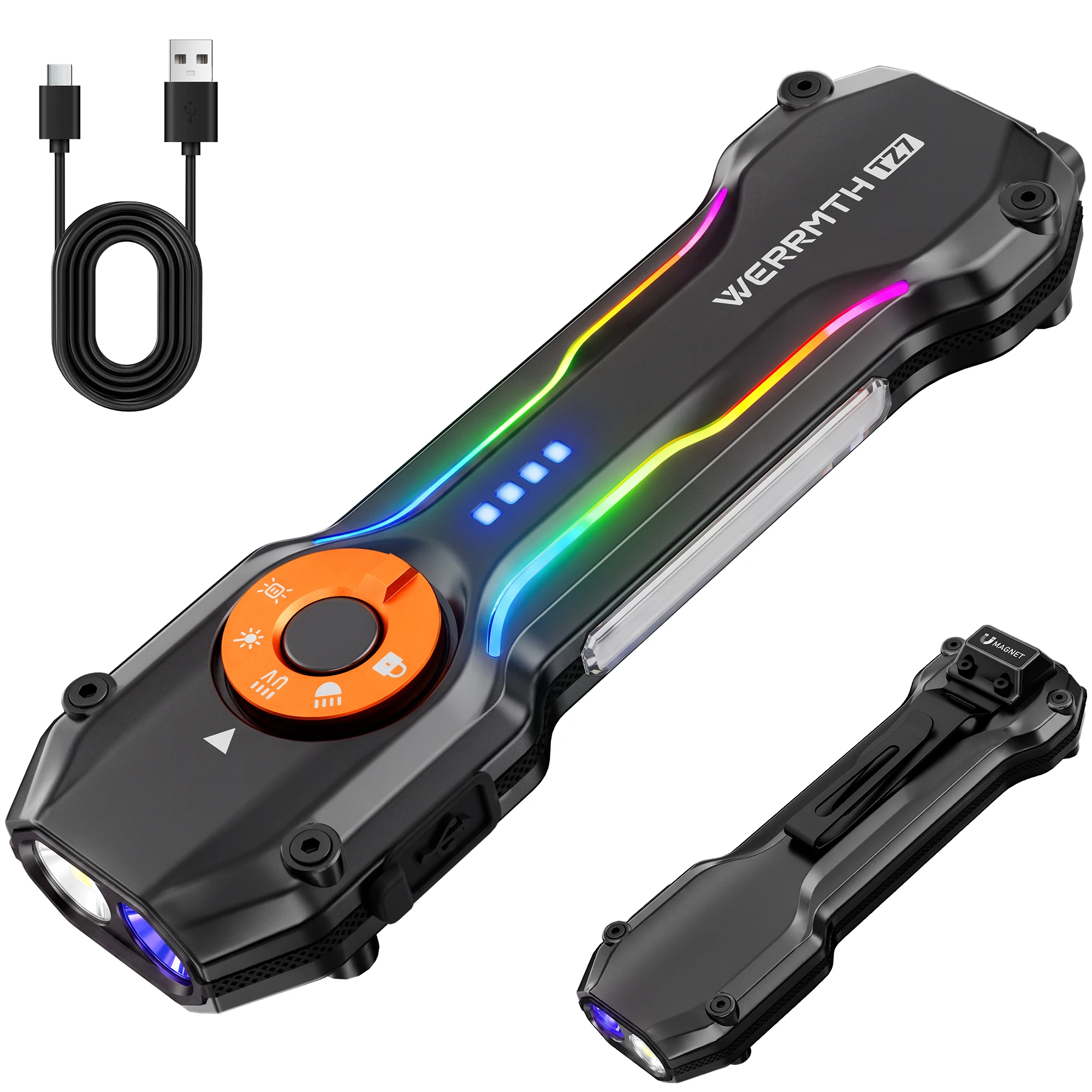 Linterna Plana Multifuncional EDC 1000mAh Recargable por USB-C 1000LM Luz Lateral COB RGB Luz Ambiental UV 365nm Resistente al Agua IPX Linterna de Trabajo Magn&eacute;tica con Clip de Doble Uso para Reparac