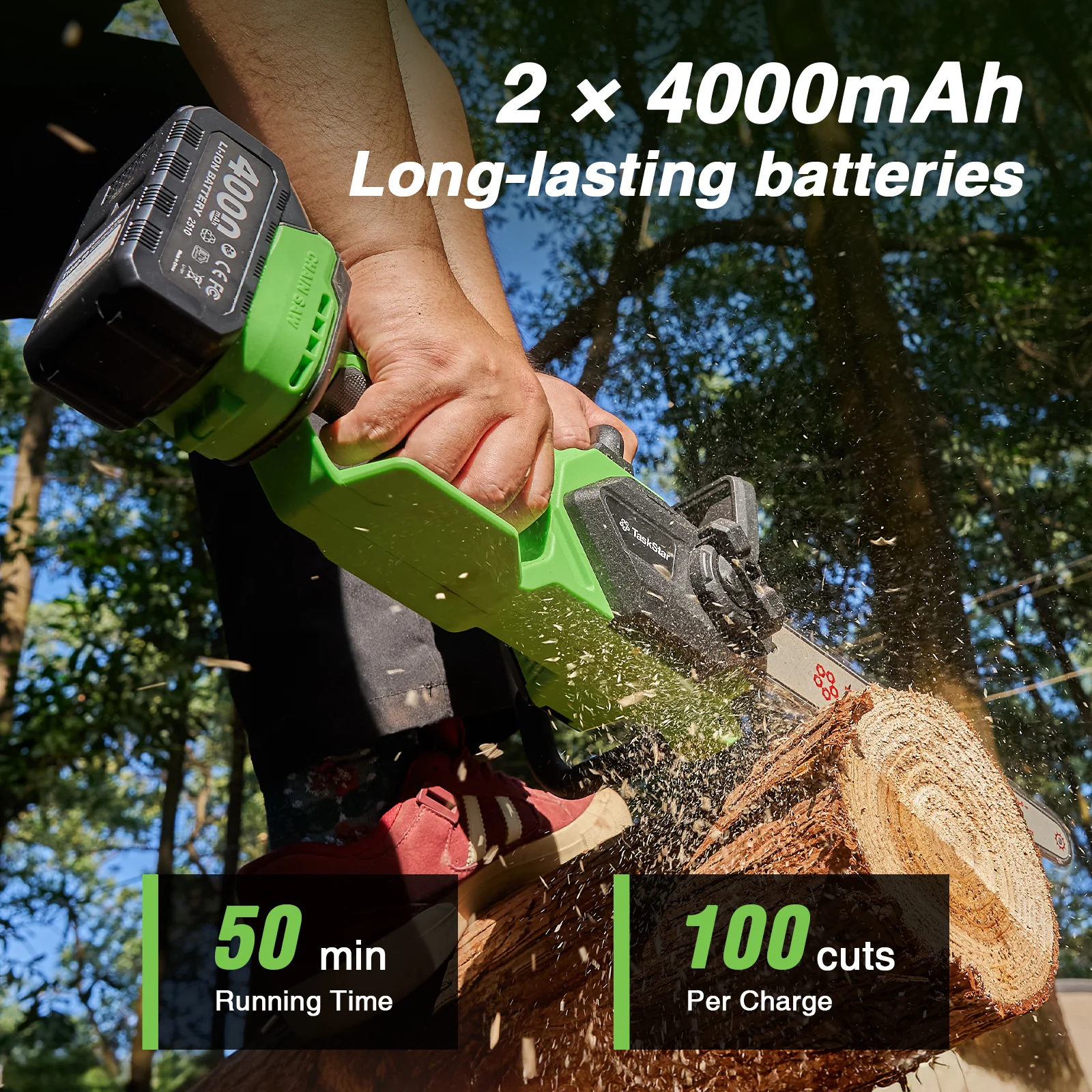 Sierra de cadena sin escobillas TaskStar de 12 pulgadas, con 2 bater&iacute;as de 4.0Ah, sierra de podar inal&aacute;mbrica con lubricaci&oacute;n autom&aacute;tica, sierra el&eacute;ctrica port&aacute;til para jardiner&iacute;a y corte de ramas de