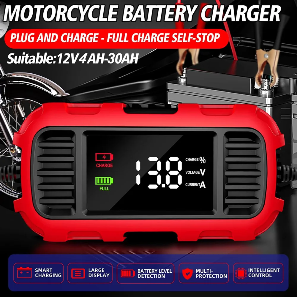 Cargadores de bater&iacute;a inteligentes FOXSUR 12V 2A universales de 4AH-30AH, cargador de bater&iacute;a de carga lenta totalmente autom&aacute;tico para coche, motocicleta, AGM, EFB, GEL