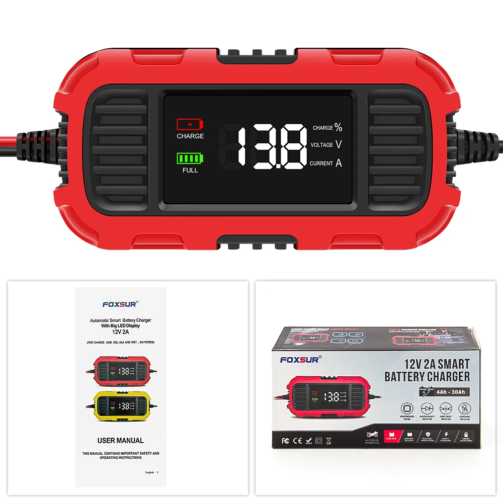 Cargadores de bater&iacute;a inteligentes FOXSUR 12V 2A universales de 4AH-30AH, cargador de bater&iacute;a de carga lenta totalmente autom&aacute;tico para coche, motocicleta, AGM, EFB, GEL