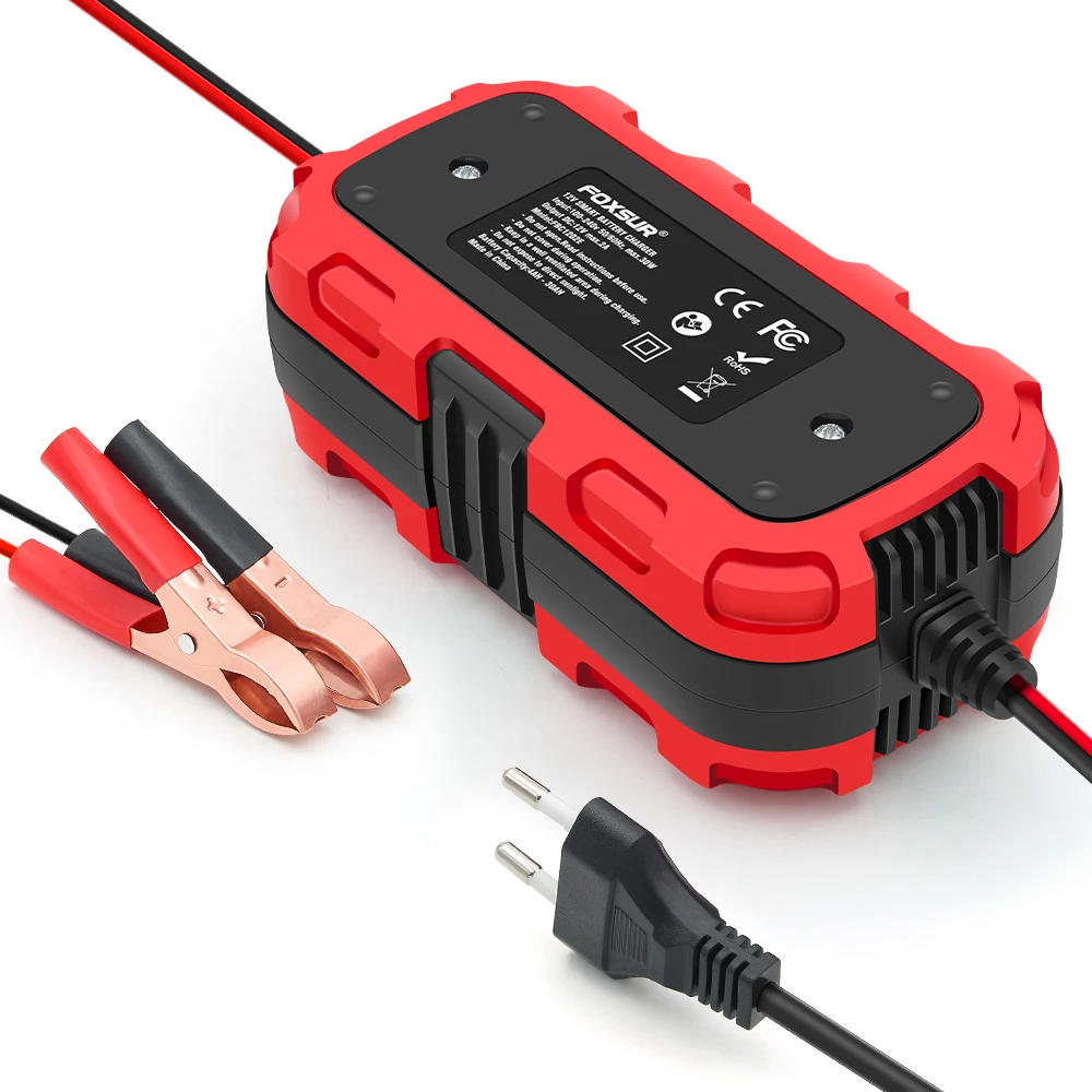 Cargadores de bater&iacute;a inteligentes FOXSUR 12V 2A universales de 4AH-30AH, cargador de bater&iacute;a de carga lenta totalmente autom&aacute;tico para coche, motocicleta, AGM, EFB, GEL